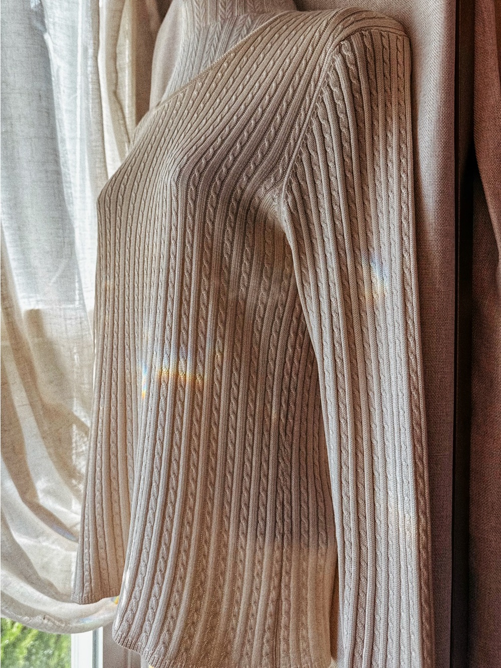 🤍 Ann Taylor 100% Silk Cable Knit Sweater • Soft Oatmeal • Medium